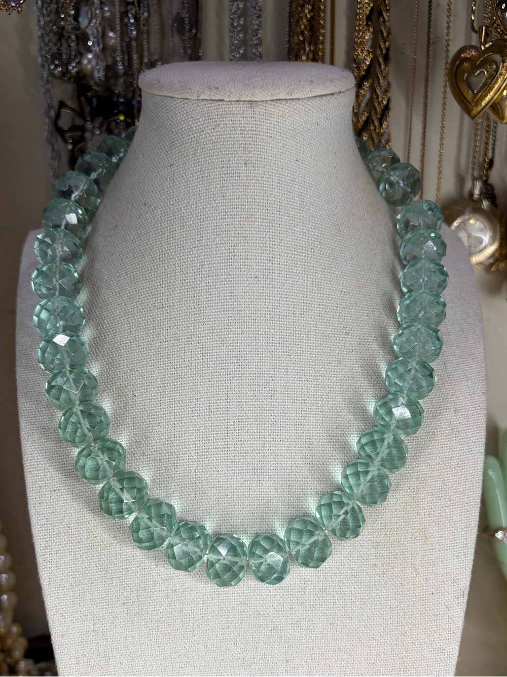 Aqua Glass Heavy Necklace High Quality Glass Or Stone Beads Faceted Screw Clasp